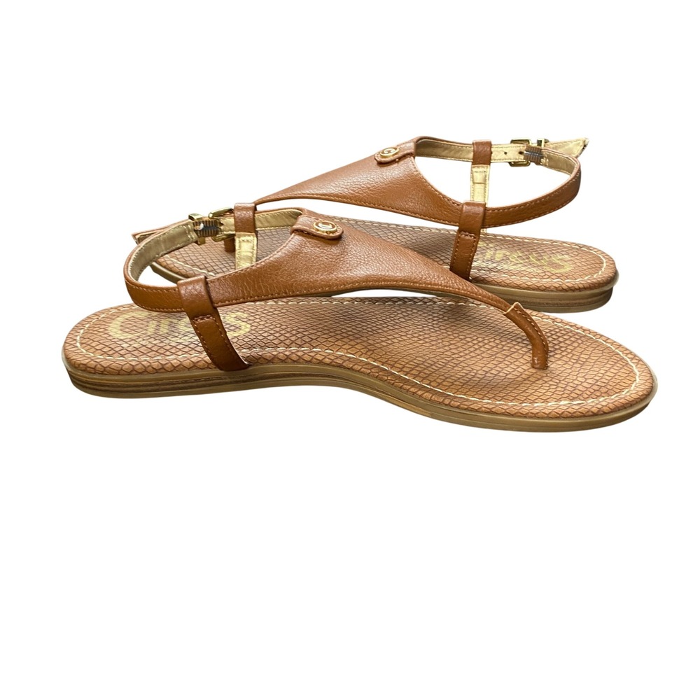 Circus by Sam Edelman Women Tan T-Strap Thong Sandal Buckle Ankle Strap Flat 7.5 - Picture 5 of 13